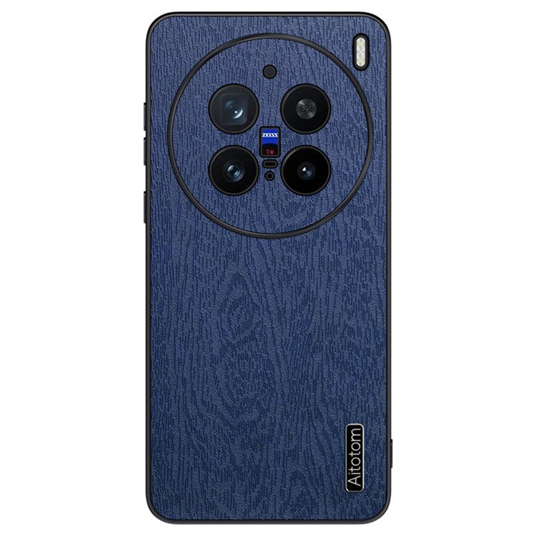 For vivo X200 Pro 5G Case Wood Texture PU Leather Coated PC+TPU Phone Cover - Blue