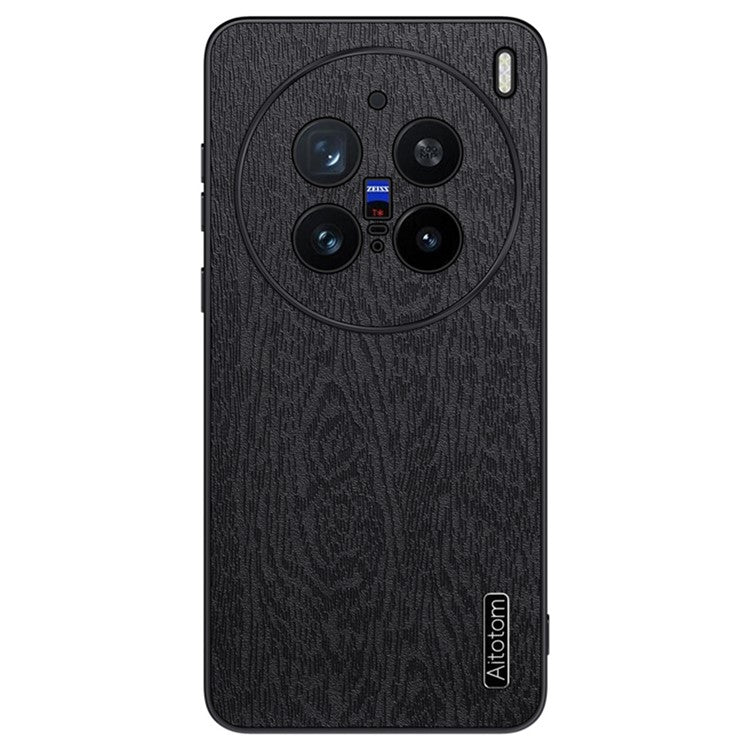 For vivo X200 Pro 5G Case Wood Texture PU Leather Coated PC+TPU Phone Cover - Black