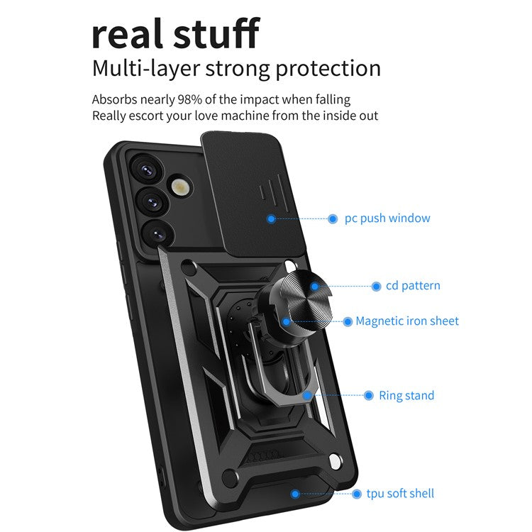 For Samsung Galaxy S25 Case with Slide Camera Lid PC+TPU Kickstand Phone Cover - Black