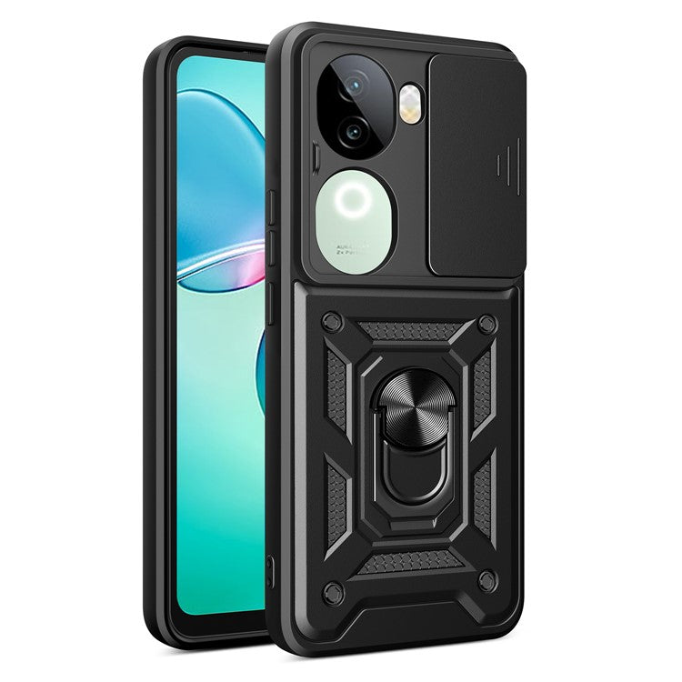 For vivo iQOO Z9s 5G Case with Slide Camera Lid PC+TPU Kickstand Phone Cover - Black