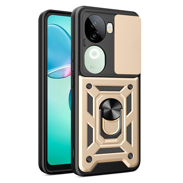 For vivo iQOO Z9s 5G Case with Slide Camera Lid PC+TPU Kickstand Phone Cover - Gold