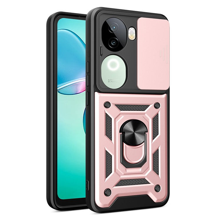 For vivo iQOO Z9s 5G Case with Slide Camera Lid PC+TPU Kickstand Phone Cover - Rose Gold