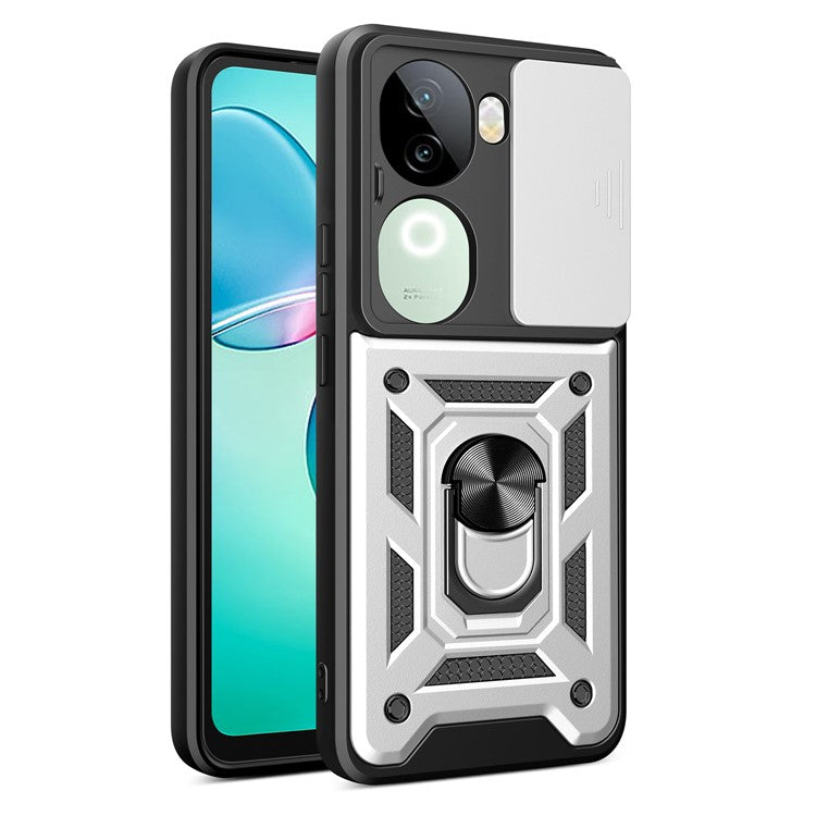 For vivo iQOO Z9s 5G Case with Slide Camera Lid PC+TPU Kickstand Phone Cover - Silver