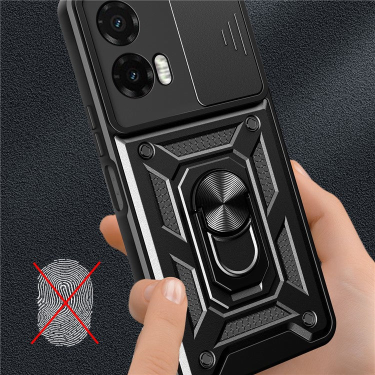 For Motorola Moto G35 5G Case with Slide Camera Lid PC+TPU Kickstand Phone Cover - Black