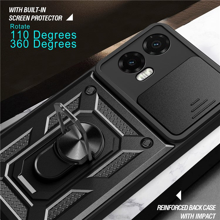 For Motorola Moto G35 5G Case with Slide Camera Lid PC+TPU Kickstand Phone Cover - Black