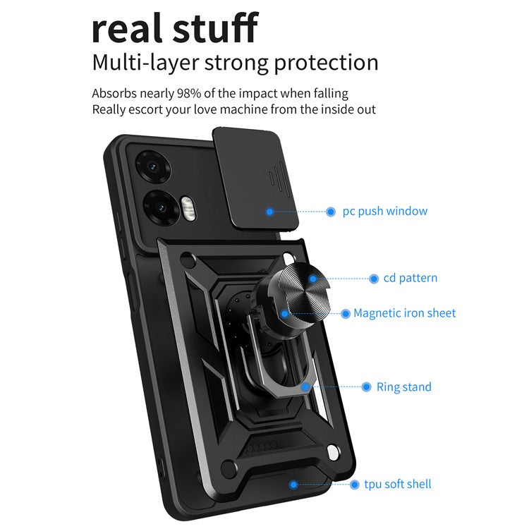 For Motorola Moto G35 5G Case with Slide Camera Lid PC+TPU Kickstand Phone Cover - Black