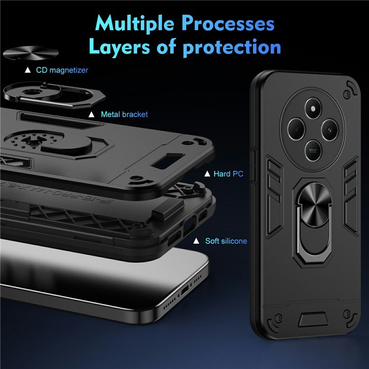 For Xiaomi Redmi 14C 4G / 14R 5G / Poco C75 4G Case PC+TPU Drop Defend Phone Cover with Ring Kickstand - Black