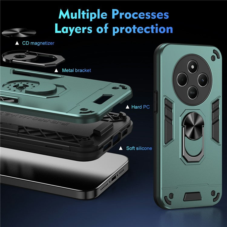 For Xiaomi Redmi 14C 4G / 14R 5G / Poco C75 4G Case PC+TPU Drop Defend Phone Cover with Ring Kickstand - Green