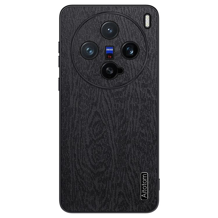 For vivo X200 Pro mini 5G Case Wood Texture PU Leather Coated PC+TPU Phone Cover - Black