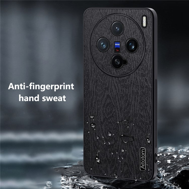 For vivo X200 Pro mini 5G Case Wood Texture PU Leather Coated PC+TPU Phone Cover - Black