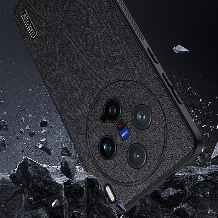 For vivo X200 Pro mini 5G Case Wood Texture PU Leather Coated PC+TPU Phone Cover - Black