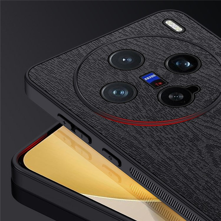 For vivo X200 Pro mini 5G Case Wood Texture PU Leather Coated PC+TPU Phone Cover - Black