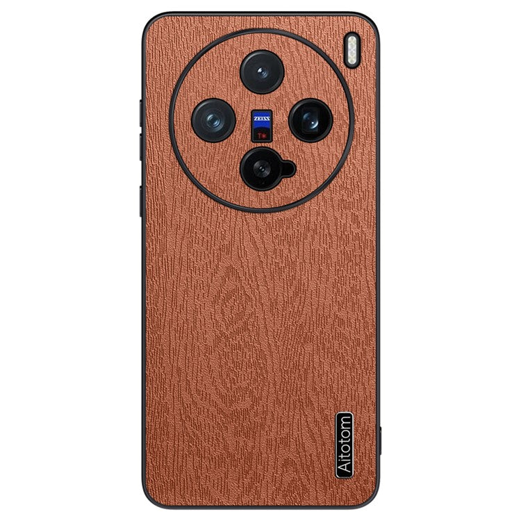 For vivo X200 Pro mini 5G Case Wood Texture PU Leather Coated PC+TPU Phone Cover - Brown