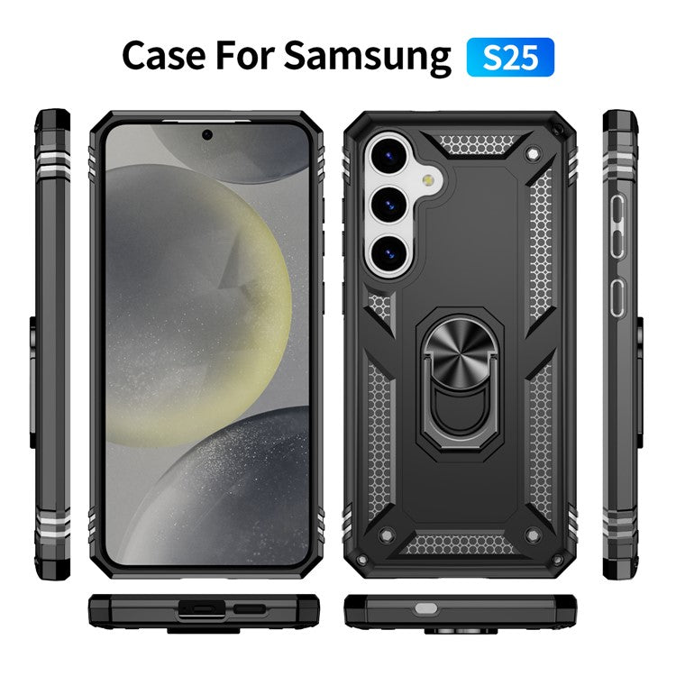 For Samsung Galaxy S25 Case PC+TPU Phone Cover with Rotary Ring Kickstand - Black