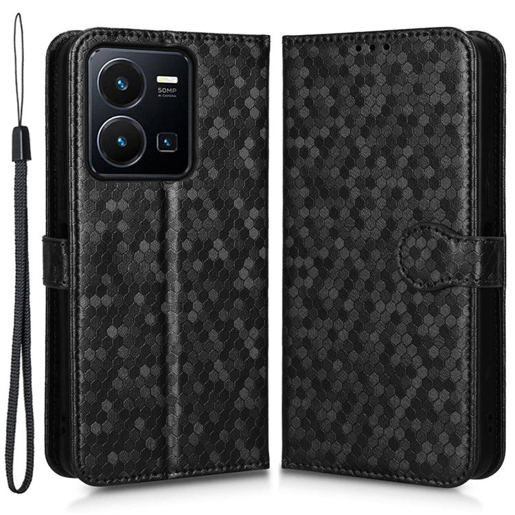 Shockproof Phone Case For vivo Y35 4G (2022), Flip Wallet Stand Dot Pattern Imprinted PU Leather Magnetic Clasp Phone Cover with Strap - Black