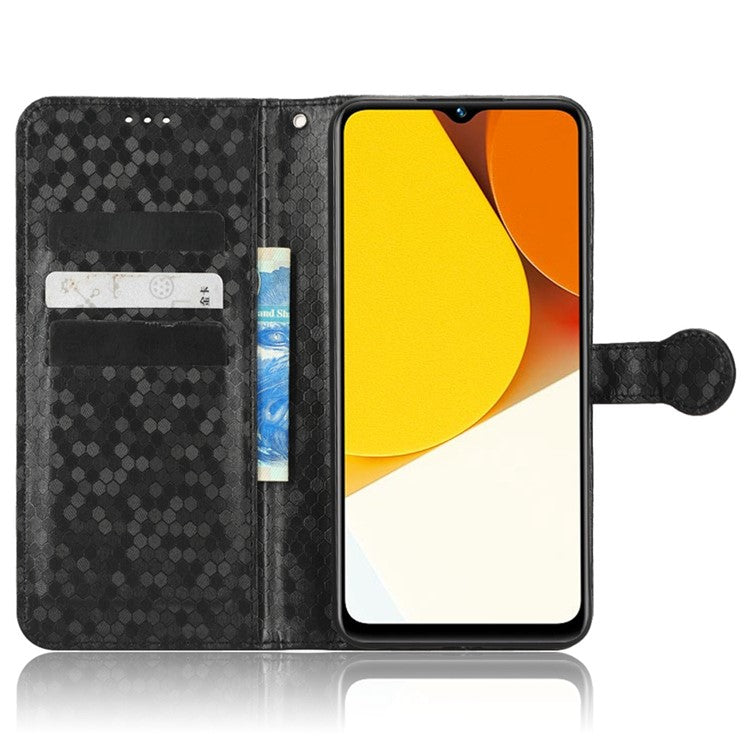 Shockproof Phone Case For vivo Y35 4G (2022), Flip Wallet Stand Dot Pattern Imprinted PU Leather Magnetic Clasp Phone Cover with Strap - Black