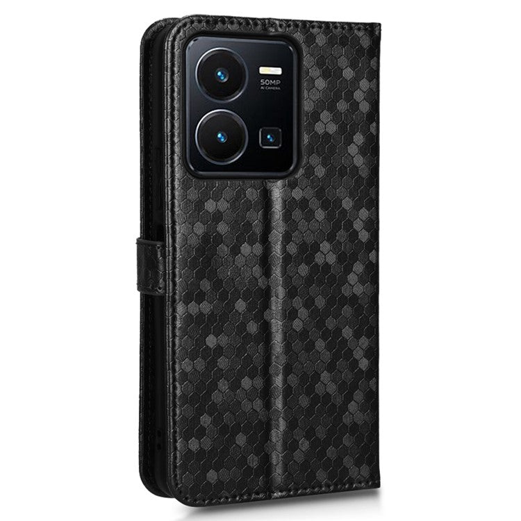 Shockproof Phone Case For vivo Y35 4G (2022), Flip Wallet Stand Dot Pattern Imprinted PU Leather Magnetic Clasp Phone Cover with Strap - Black