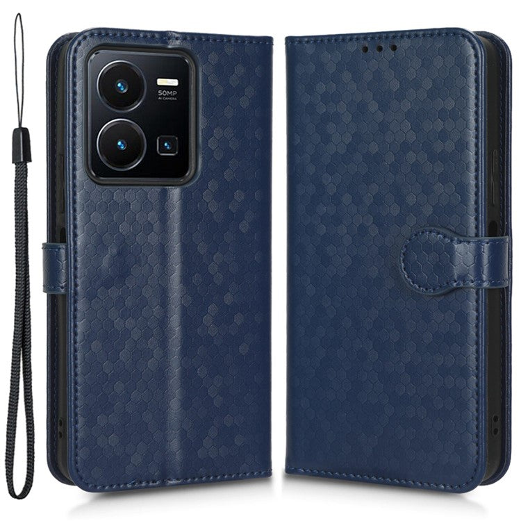 Shockproof Phone Case For vivo Y35 4G (2022), Flip Wallet Stand Dot Pattern Imprinted PU Leather Magnetic Clasp Phone Cover with Strap - Sapphire