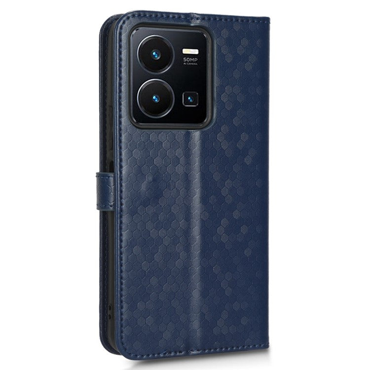 Shockproof Phone Case For vivo Y35 4G (2022), Flip Wallet Stand Dot Pattern Imprinted PU Leather Magnetic Clasp Phone Cover with Strap - Sapphire