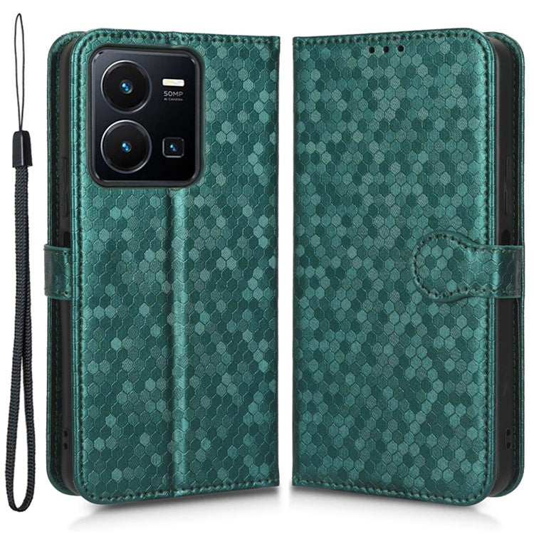 Shockproof Phone Case For vivo Y35 4G (2022), Flip Wallet Stand Dot Pattern Imprinted PU Leather Magnetic Clasp Phone Cover with Strap - Green