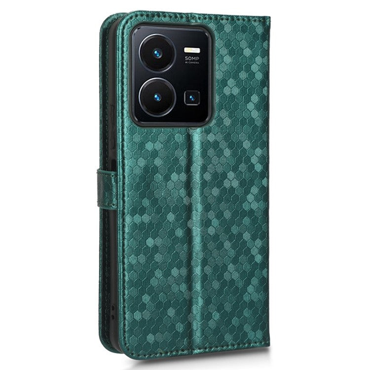 Shockproof Phone Case For vivo Y35 4G (2022), Flip Wallet Stand Dot Pattern Imprinted PU Leather Magnetic Clasp Phone Cover with Strap - Green