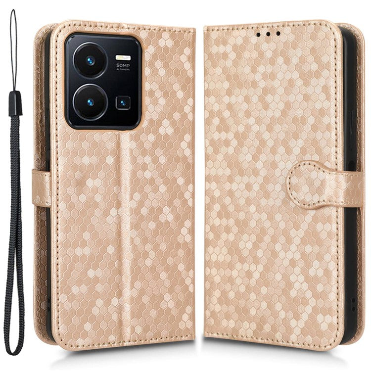 Shockproof Phone Case For vivo Y35 4G (2022), Flip Wallet Stand Dot Pattern Imprinted PU Leather Magnetic Clasp Phone Cover with Strap - Rose Gold