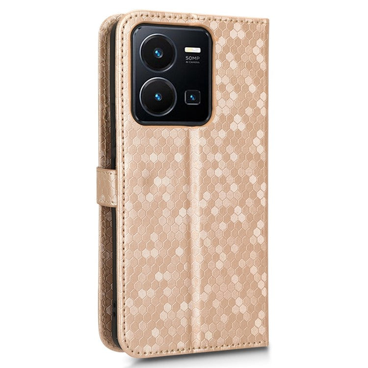 Shockproof Phone Case For vivo Y35 4G (2022), Flip Wallet Stand Dot Pattern Imprinted PU Leather Magnetic Clasp Phone Cover with Strap - Rose Gold