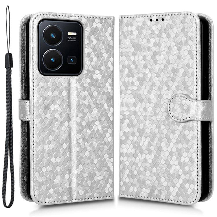 Shockproof Phone Case For vivo Y35 4G (2022), Flip Wallet Stand Dot Pattern Imprinted PU Leather Magnetic Clasp Phone Cover with Strap - Silver