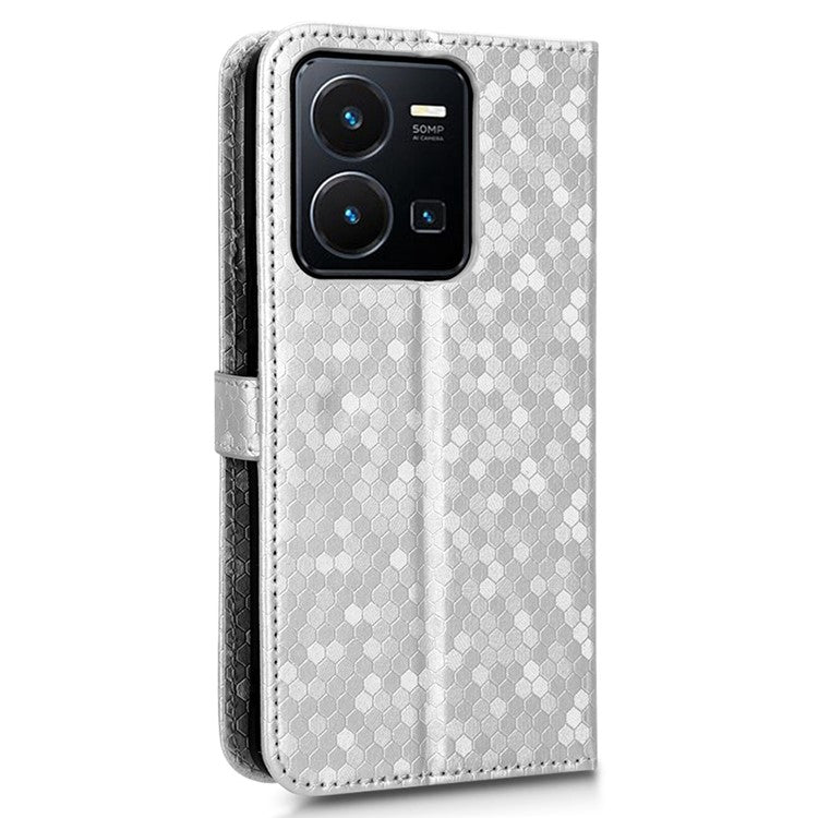 Shockproof Phone Case For vivo Y35 4G (2022), Flip Wallet Stand Dot Pattern Imprinted PU Leather Magnetic Clasp Phone Cover with Strap - Silver