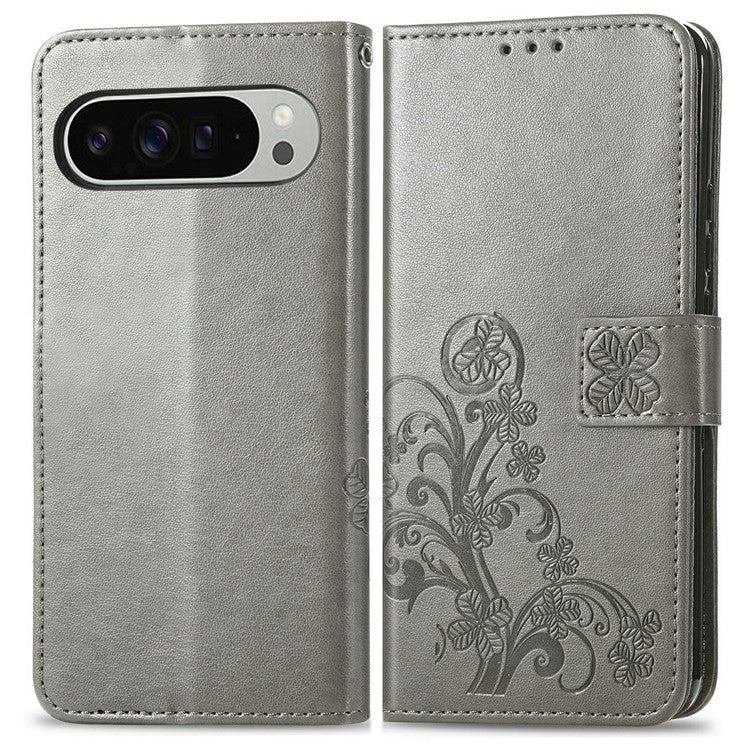 For Google Pixel 9 Pro XL Leather Case Four-Leaf Clover Wallet Phone Cover - Grey