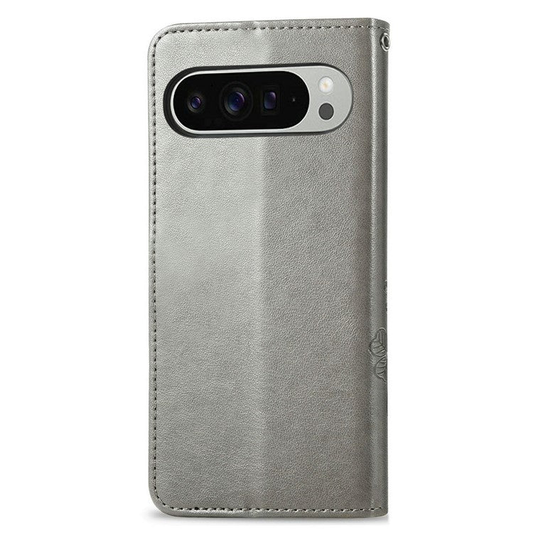 For Google Pixel 9 Pro XL Leather Case Four-Leaf Clover Wallet Phone Cover - Grey