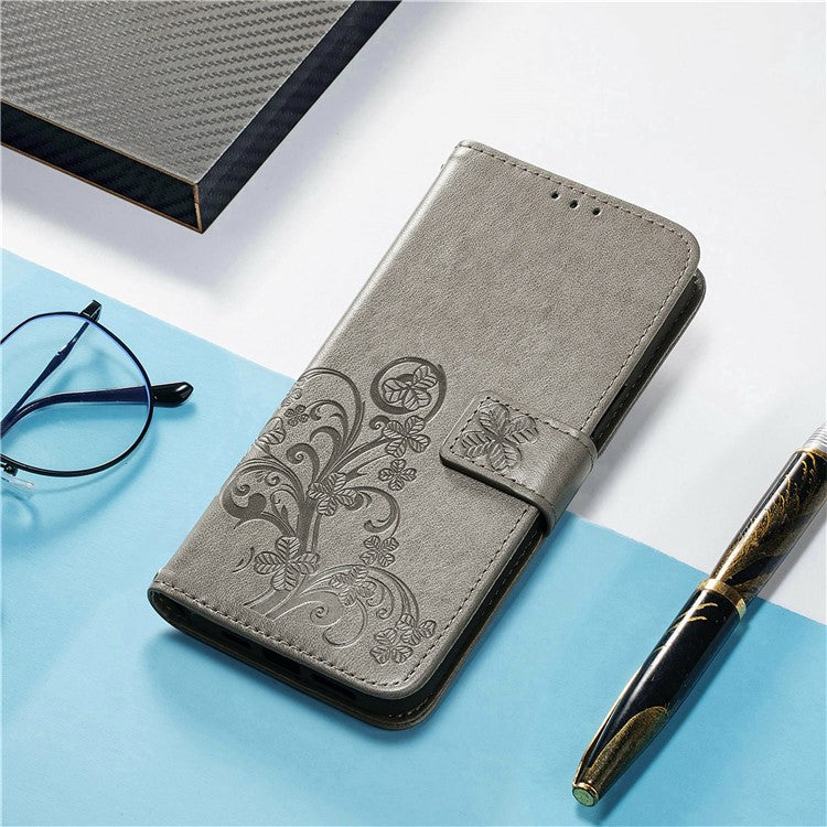 For Google Pixel 9 Pro XL Leather Case Four-Leaf Clover Wallet Phone Cover - Grey