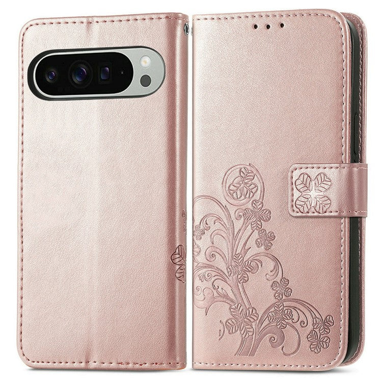 For Google Pixel 9 Pro XL Leather Case Four-Leaf Clover Wallet Phone Cover - Rose Gold