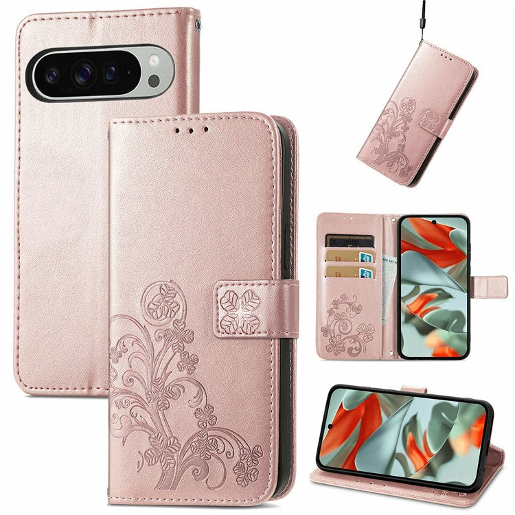 For Google Pixel 9 Pro XL Leather Case Four-Leaf Clover Wallet Phone Cover - Rose Gold