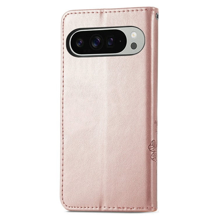 For Google Pixel 9 Pro XL Leather Case Four-Leaf Clover Wallet Phone Cover - Rose Gold