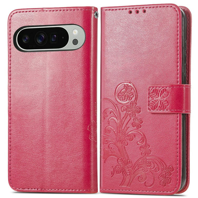 For Google Pixel 9 Pro XL Leather Case Four-Leaf Clover Wallet Phone Cover - Rose