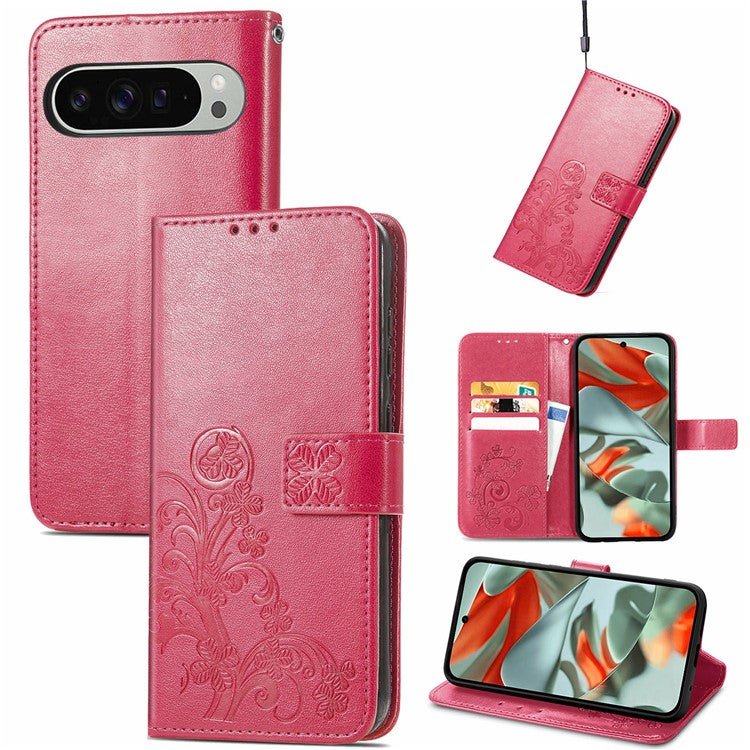 For Google Pixel 9 Pro XL Leather Case Four-Leaf Clover Wallet Phone Cover - Rose