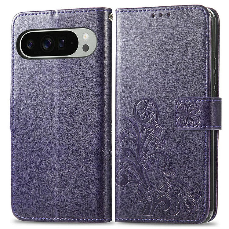 For Google Pixel 9 Pro XL Leather Case Four-Leaf Clover Wallet Phone Cover - Purple