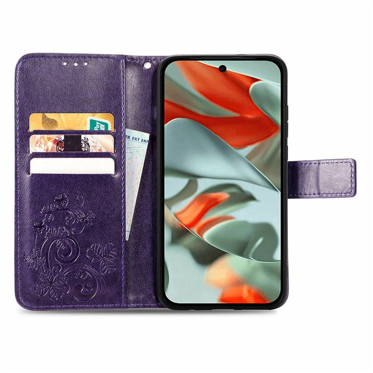 For Google Pixel 9 Pro XL Leather Case Four-Leaf Clover Wallet Phone Cover - Purple