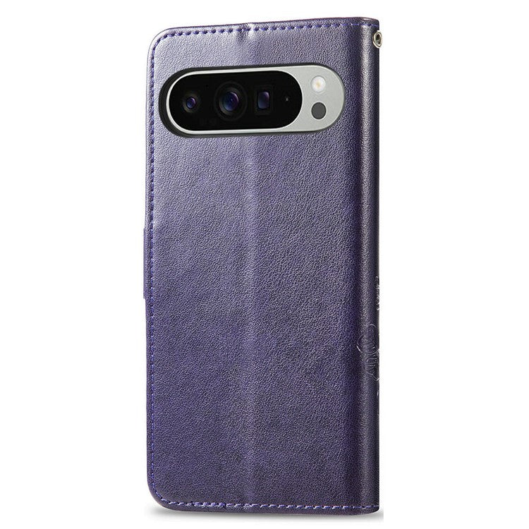 For Google Pixel 9 Pro XL Leather Case Four-Leaf Clover Wallet Phone Cover - Purple