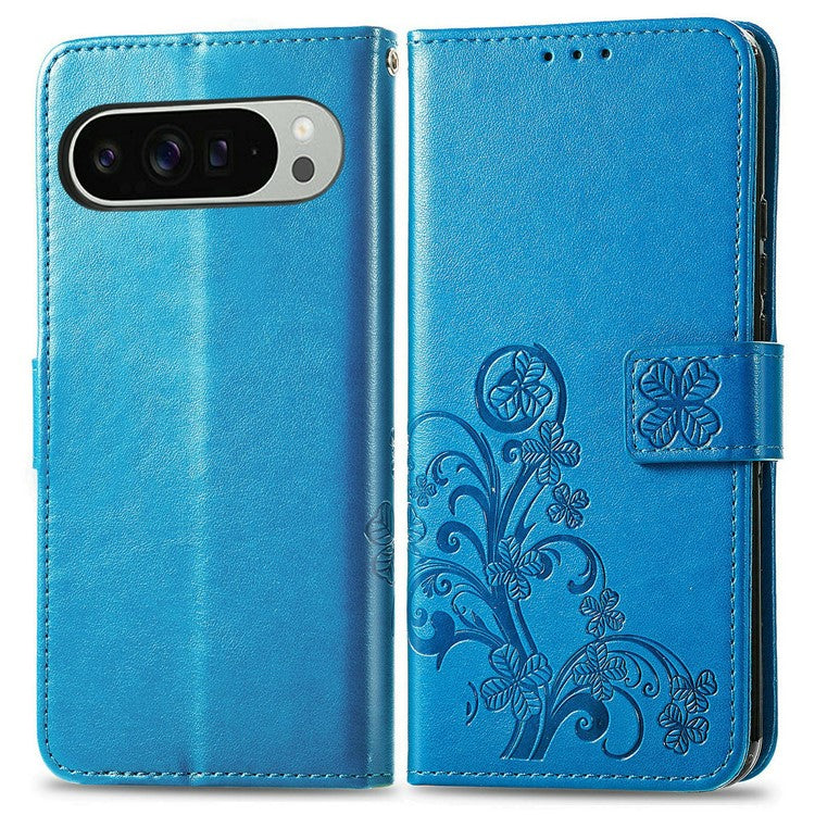 For Google Pixel 9 Pro XL Leather Case Four-Leaf Clover Wallet Phone Cover - Blue