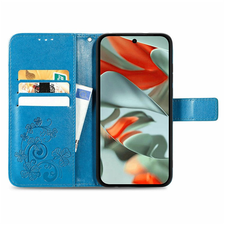 For Google Pixel 9 Pro XL Leather Case Four-Leaf Clover Wallet Phone Cover - Blue