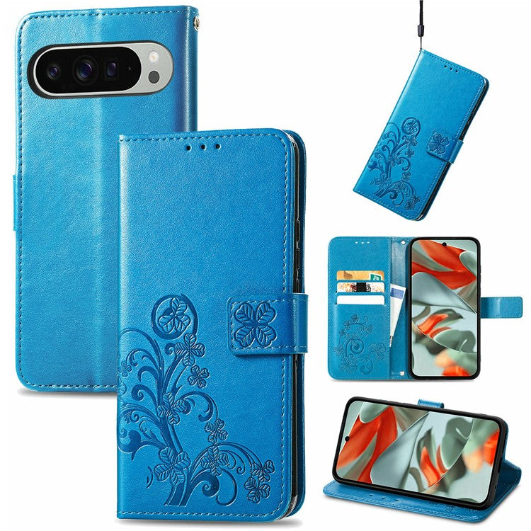 For Google Pixel 9 Pro XL Leather Case Four-Leaf Clover Wallet Phone Cover - Blue