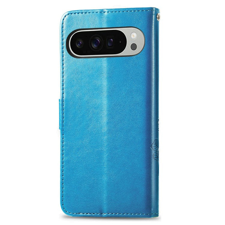 For Google Pixel 9 Pro XL Leather Case Four-Leaf Clover Wallet Phone Cover - Blue