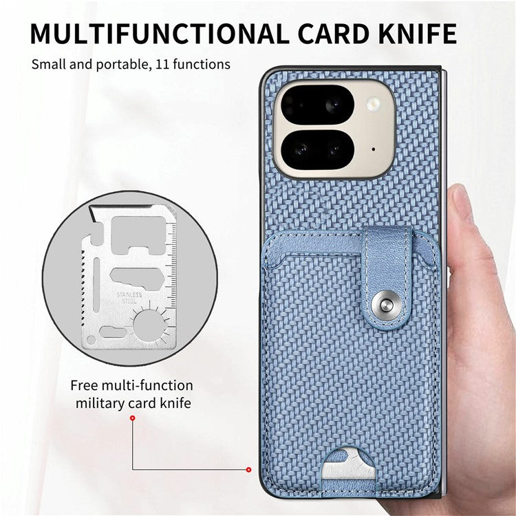 For Google Pixel 9 Pro Fold 5G Case Card Holder Leather Back Cover with Card Knife - Blue