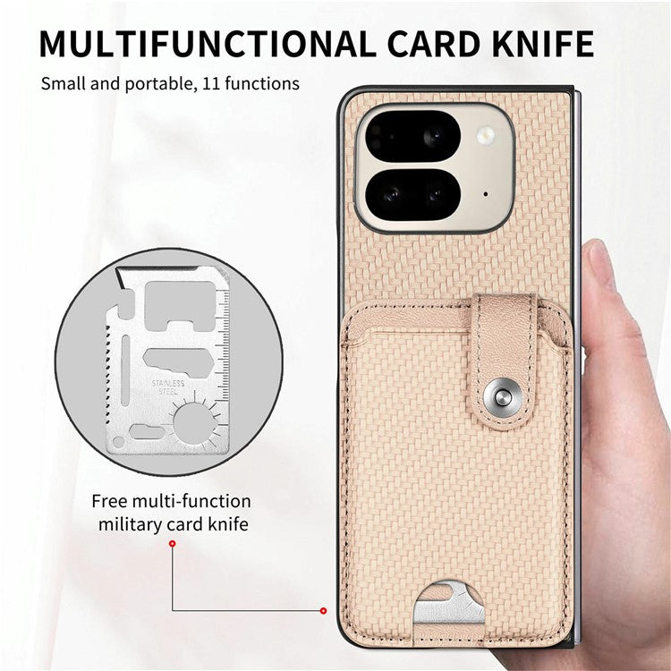 For Google Pixel 9 Pro Fold 5G Case Card Holder Leather Back Cover with Card Knife - Khaki