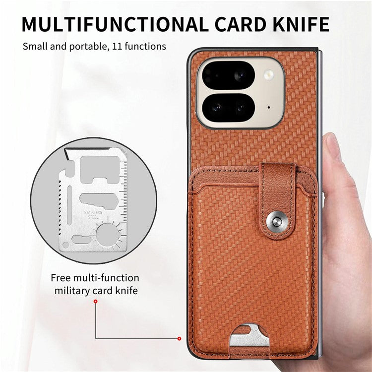 For Google Pixel 9 Pro Fold 5G Case Card Holder Leather Back Cover with Card Knife - Brown