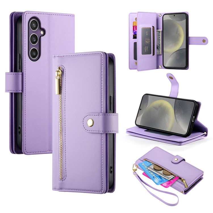 DF-011 For Samsung Galaxy S25 Case Zipper Pocket Wallet Leather Phone Cover with Straps - Purple