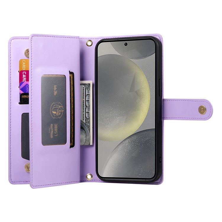 DF-011 For Samsung Galaxy S25 Case Zipper Pocket Wallet Leather Phone Cover with Straps - Purple