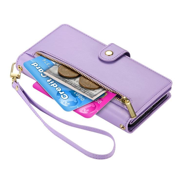 DF-011 For Samsung Galaxy S25 Case Zipper Pocket Wallet Leather Phone Cover with Straps - Purple